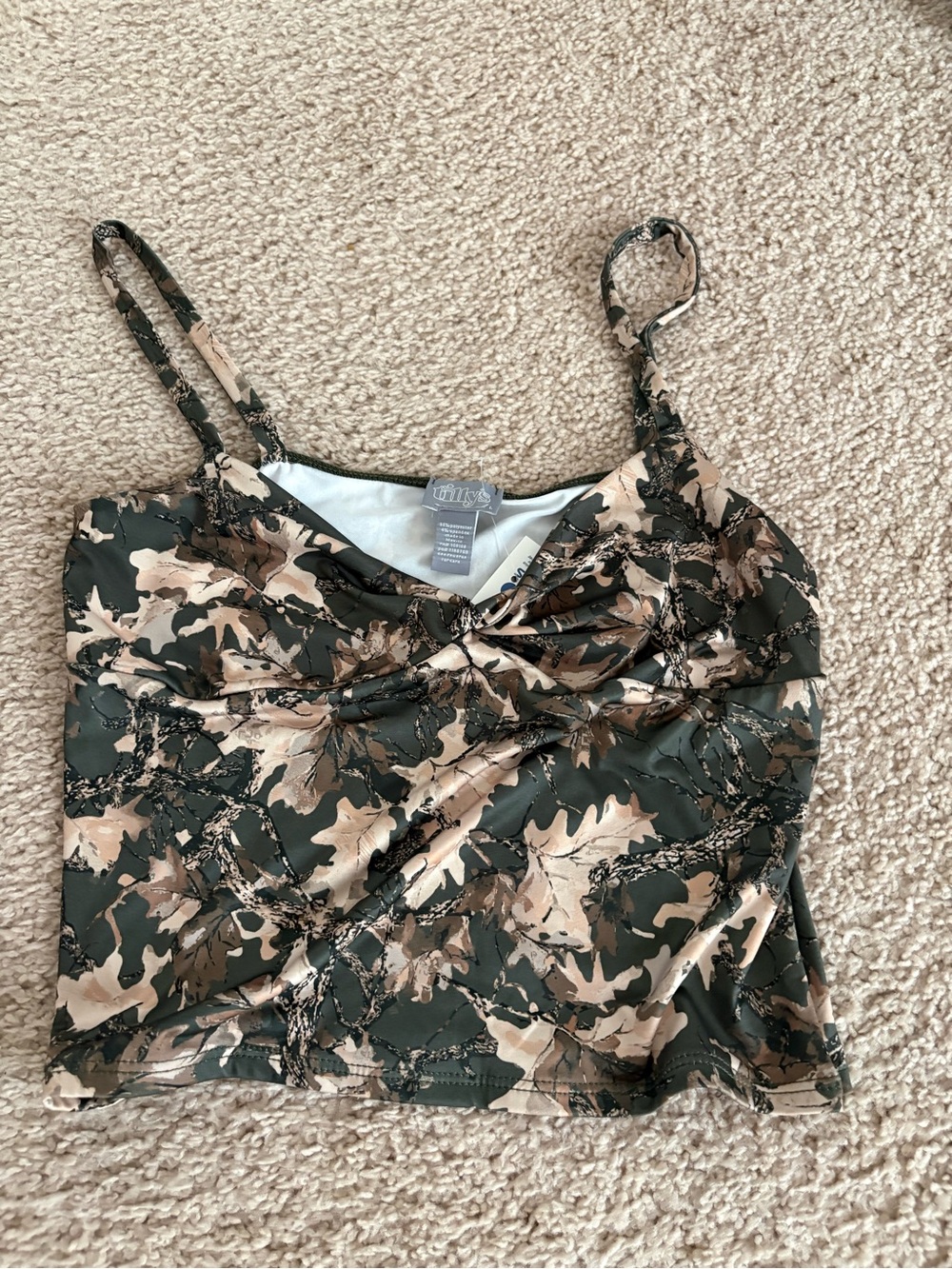 Wit & Wisdom Olive and Tan Camo Twist-Front Crop Camisole